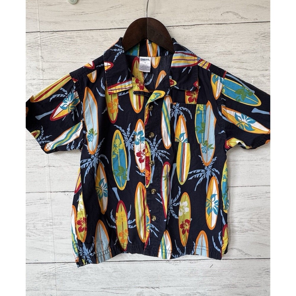 2006 GYMBOREE BOYS Surf Island Surfboard Palm Tree Hibiscus Camp Shirt 5 Yrs
